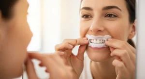 Person applying teeth whitening strips correctly at home for a brighter smile