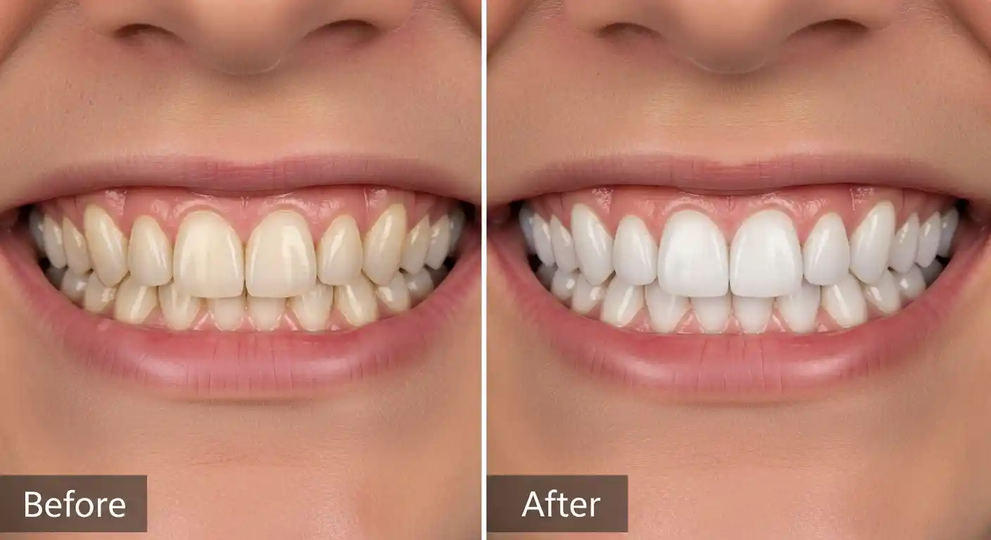 Side-by-side comparison of teeth before and after whitening, showing a brighter smile in Gilbert, AZ