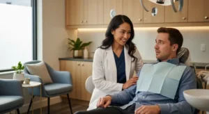 Calm dental clinic environment in Gilbert, AZ with dentist comforting anxious patient