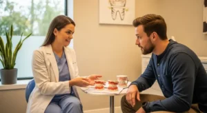 Dentist explaining treatment options to anxious patient during consultation in Gilbert AZ