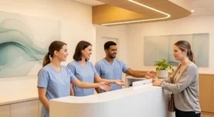 Friendly dental team welcoming nervous patient at clinic reception in Gilbert AZ