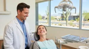 Dentist in Gilbert, AZ smiling at a patient in a modern dental clinic