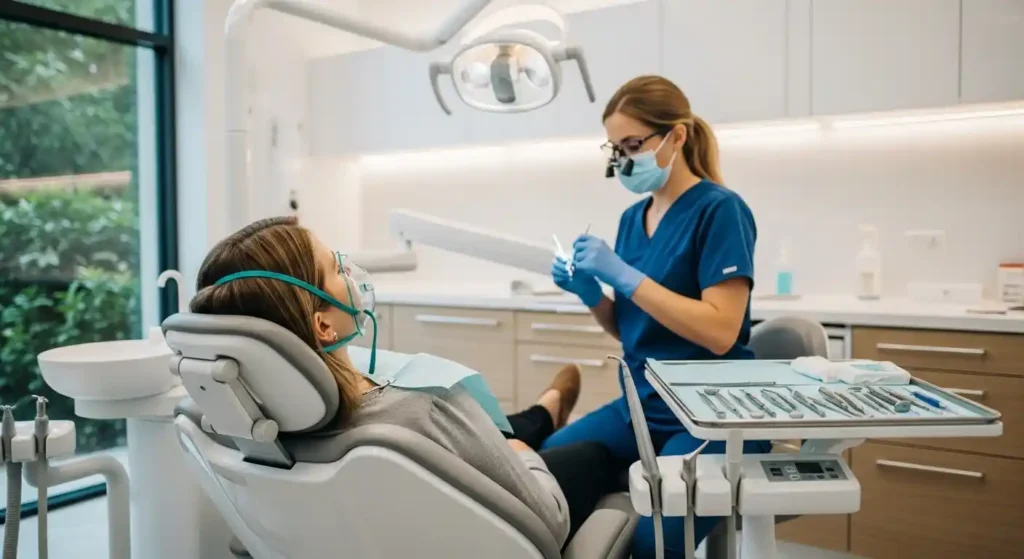 Patient relaxed in dental chair using nitrous oxide in a modern dental clinic in Gilbert AZ.