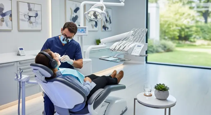 Dental patient relaxing with headphones during treatment to reduce anxiety in Gilbert AZ clinic