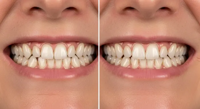 Composite bonding before and after fixing crooked teeth in Gilbert showing visible improvement in alignment.