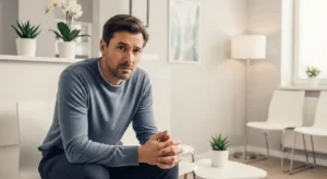 Nervous patient experiencing dental anxiety in a calm modern dental clinic waiting room in Gilbert AZ