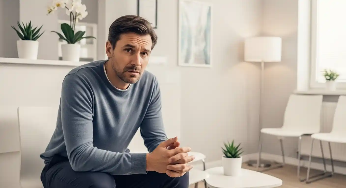 Nervous patient experiencing dental anxiety in a calm modern dental clinic waiting room in Gilbert AZ
