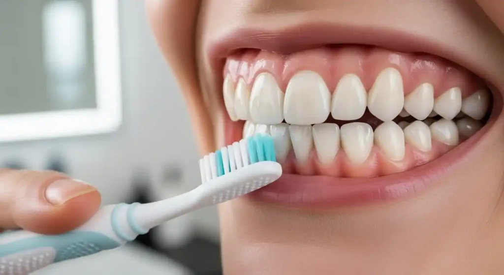 Person brushing dental implants with a soft-bristle toothbrush, showing proper oral hygiene for implant care in Gilbert AZ