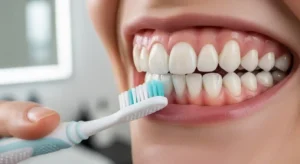 Person brushing dental implants with a soft-bristle toothbrush, showing proper oral hygiene for implant care in Gilbert AZ
