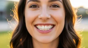 Patient with a natural straight smile after composite bonding treatment in Gilbert.