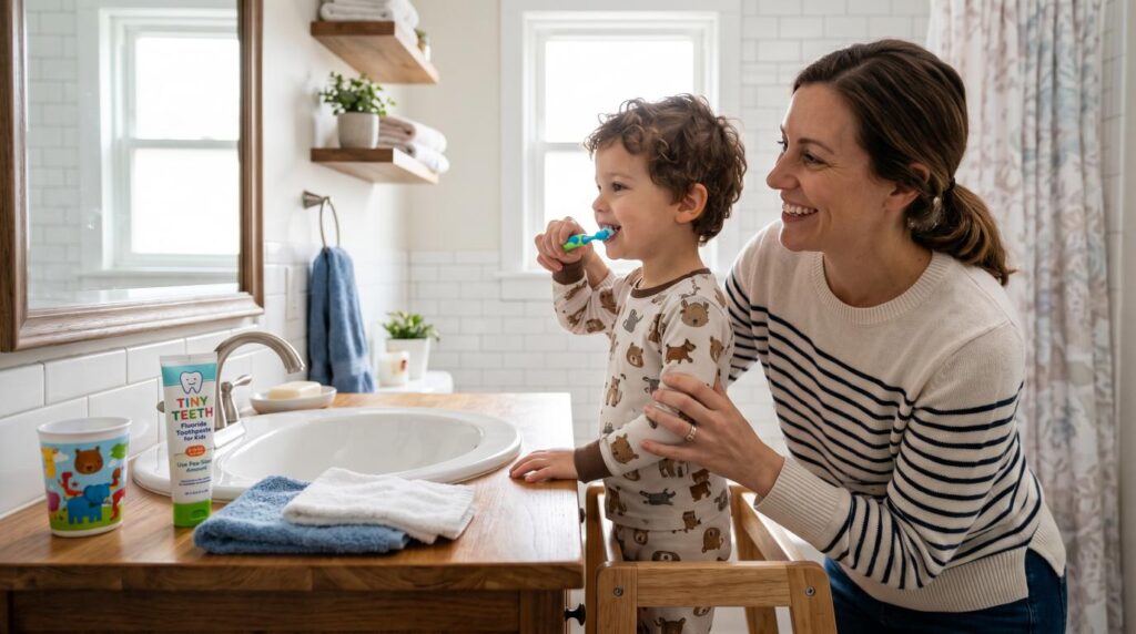 Parent helping a young child brush teeth with a pea-sized amount of fluoride toothpaste at home.