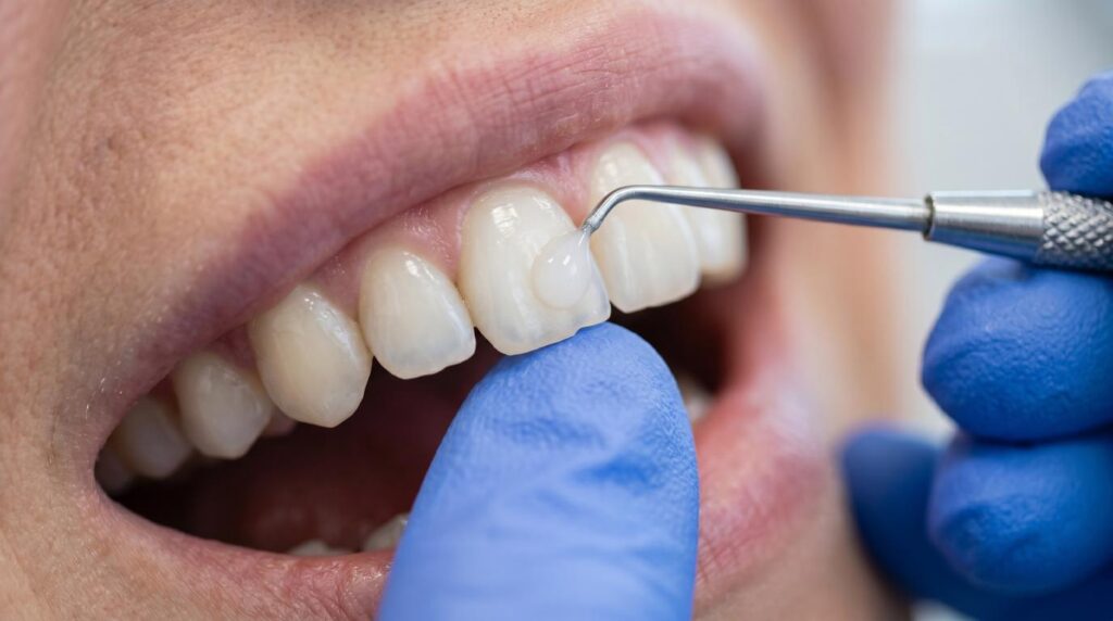 Dentist performing teeth bonding on a patient to repair chipped front teeth