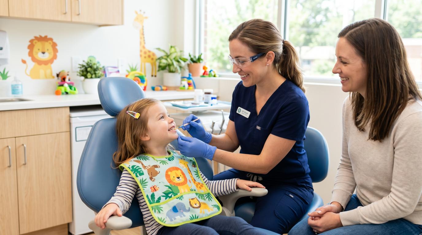 Dentist applying fluoride varnish on child’s teeth in a pediatric dental clinic with parent watching
