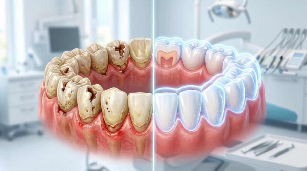 Illustration showing how fluoride strengthens weak tooth enamel and prevents cavities