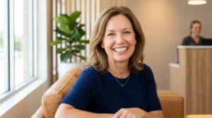 Patient smiling confidently after receiving a natural-looking dental crown treatment.