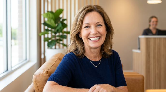 Patient smiling confidently after receiving a natural-looking dental crown treatment.