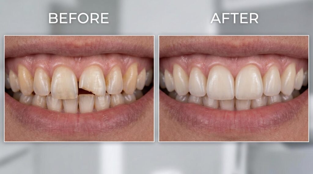 Before and after results of cosmetic teeth bonding on chipped front teeth