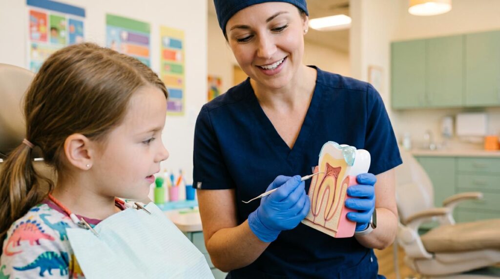 Dentist explaining fluoride and tooth enamel using a model in a dental clinic