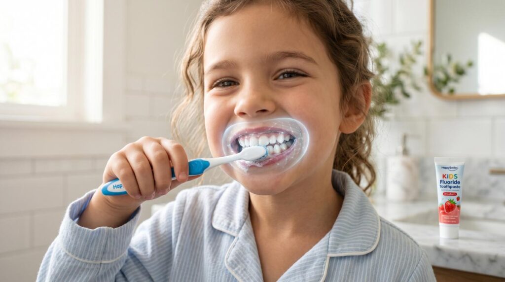 Young child brushing teeth with fluoride toothpaste in a bright bathroom to help protect teeth from cavities.
