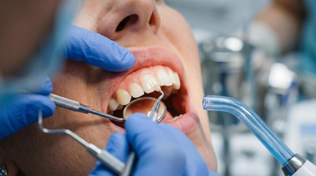 Close-up of composite resin being applied to a chipped tooth during teeth bonding