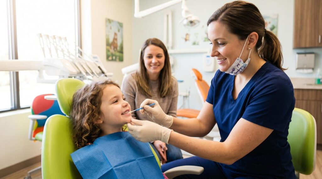 Pediatric dentist applying fluoride varnish to a child’s teeth during a safe and painless dental visit.