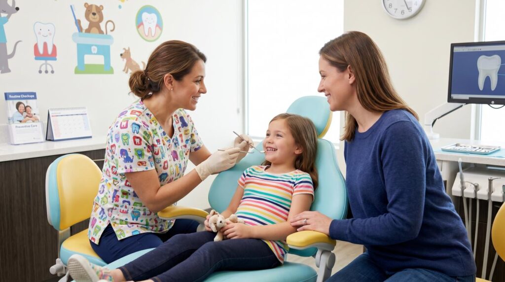 Child receiving a dental checkup with parent and dentist in a pediatric clinic