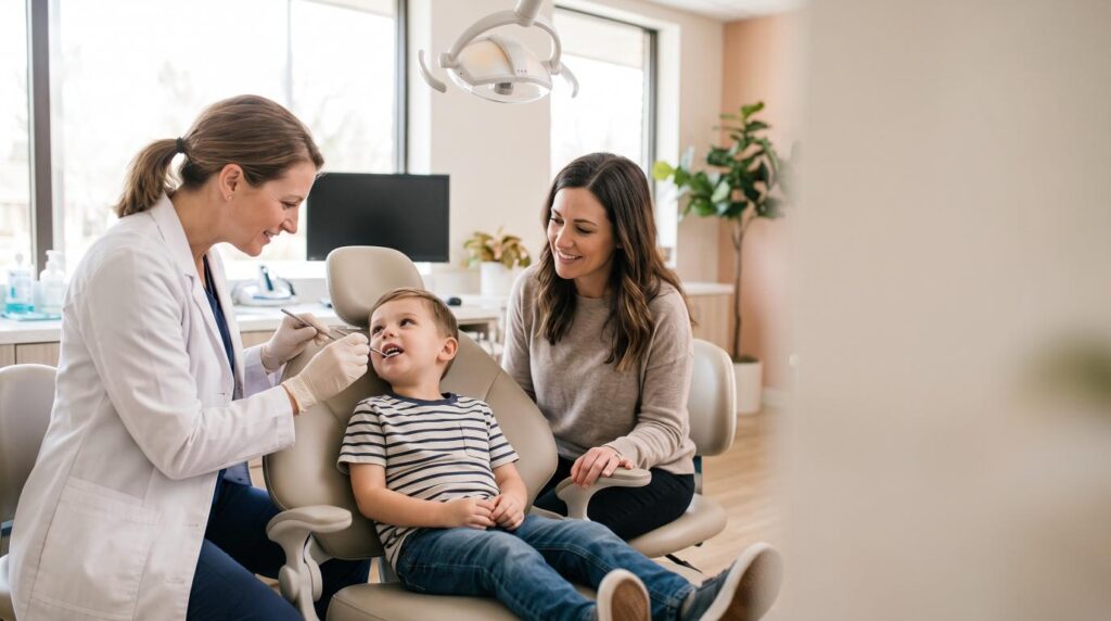 Dentist examining a child's teeth during a preventive dental visit