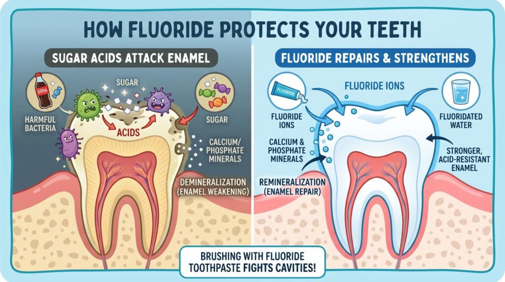 Educational illustration showing how fluoride strengthens children’s tooth enamel and protects against cavity-causing acid.