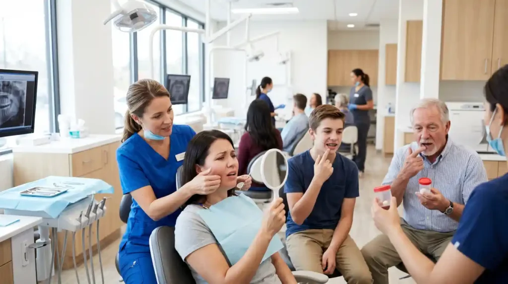 Common dental problems including toothache, abscess, chipped tooth, cracked tooth, lost crown, knocked-out tooth, and broken braces being evaluated by a dentist.