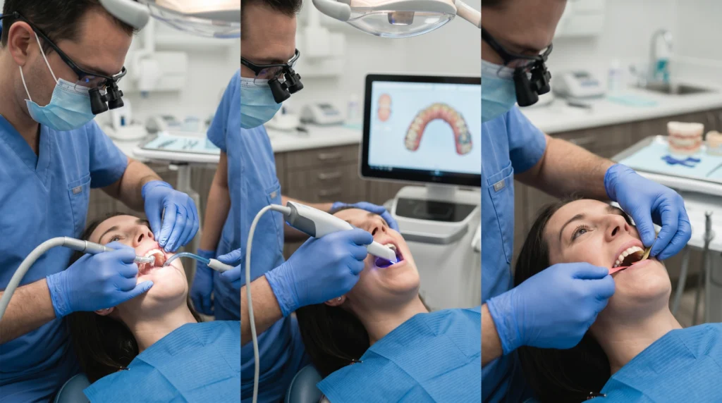 Dental crown procedure showing tooth preparation, digital scanning, and final crown placement.