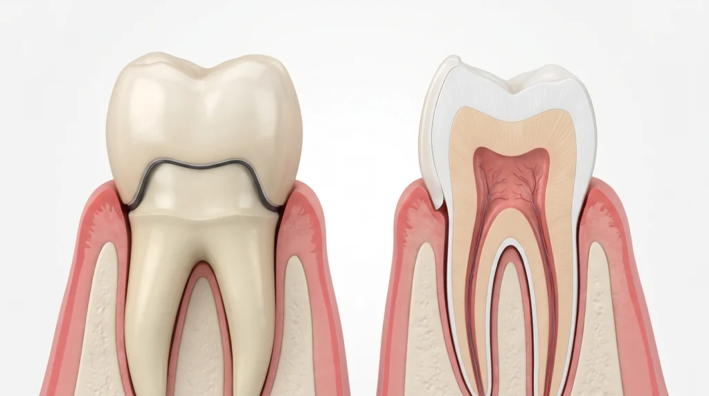 Comparison between a full dental crown and a porcelain veneer on front teeth.