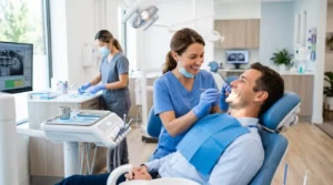 Dentist performing a routine dental checkup to help prevent major dental problems.