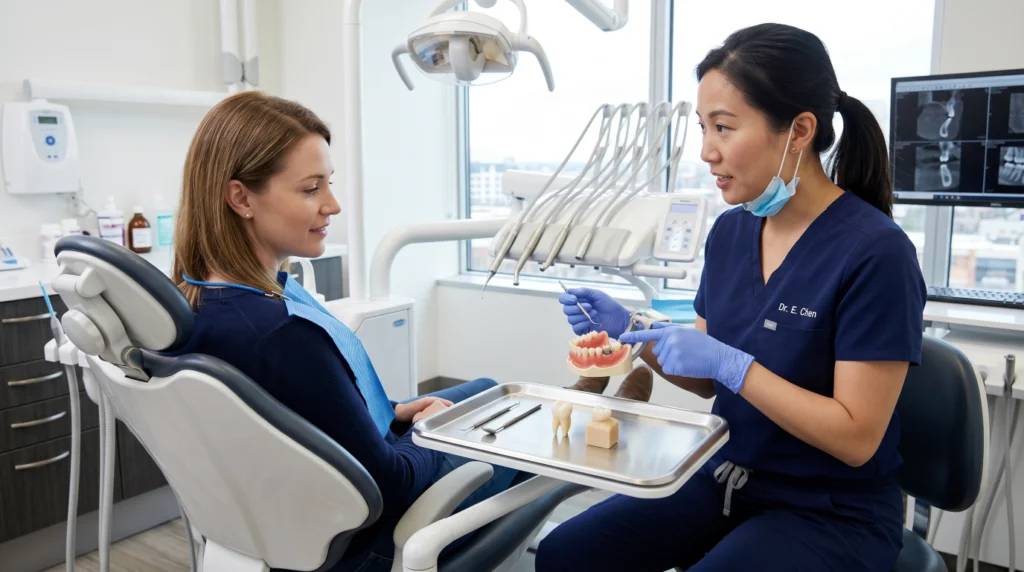 Dentist showing a dental crown and restored tooth during a dental crown consultation.