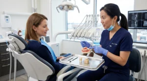 Dentist showing a dental crown and restored tooth during a dental crown consultation.