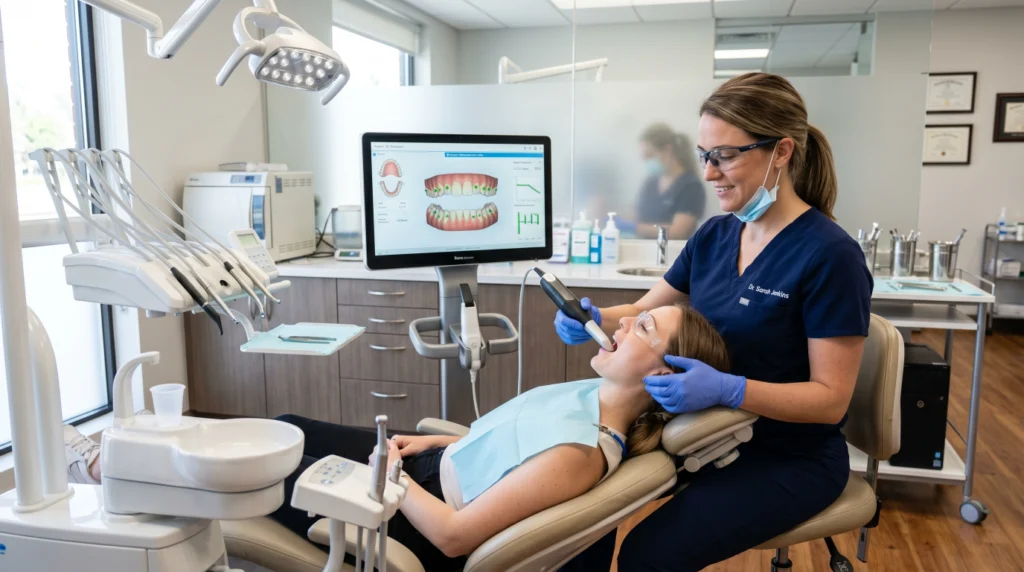 Dentist scanning patient’s teeth with digital scanner showing 3D treatment plan.