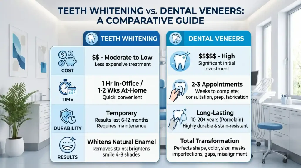 Teeth whitening vs veneers comparison chart showing cost, results, and durability