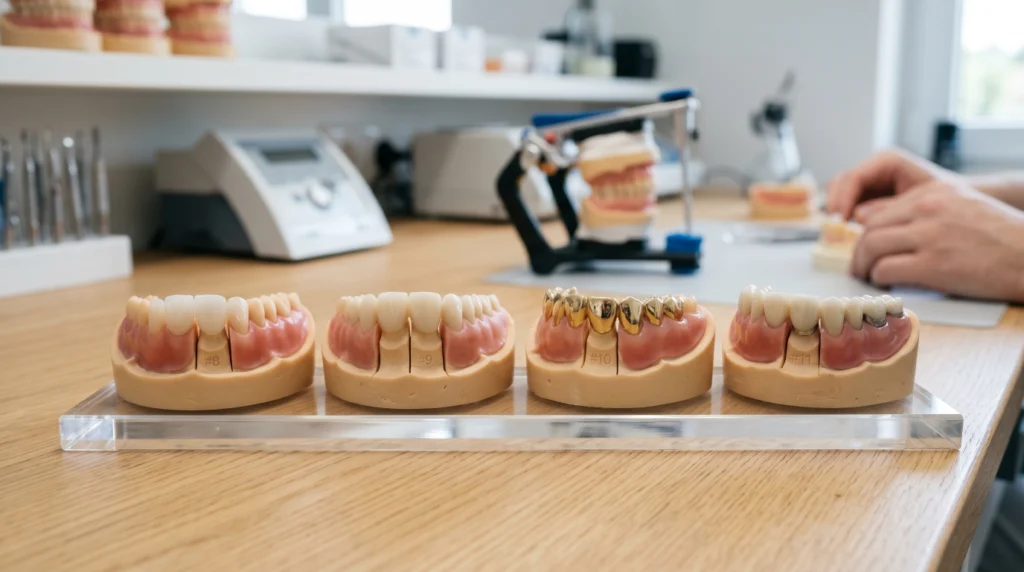 Different dental crown materials including porcelain, zirconia, metal, and porcelain-fused-to-metal crowns.