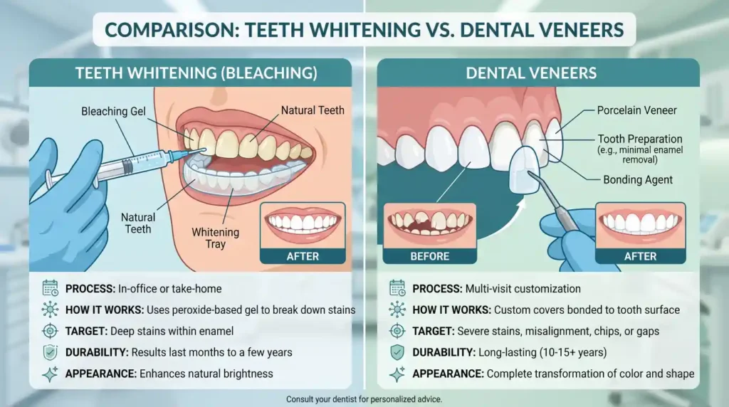 Difference between teeth whitening and dental veneers explained visually