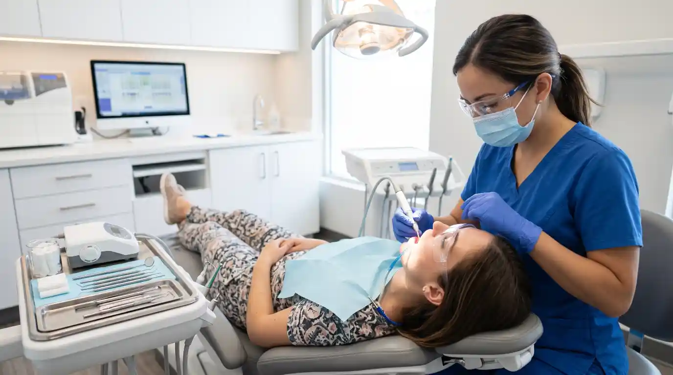 Professional teeth cleaning during a routine dental checkup.
