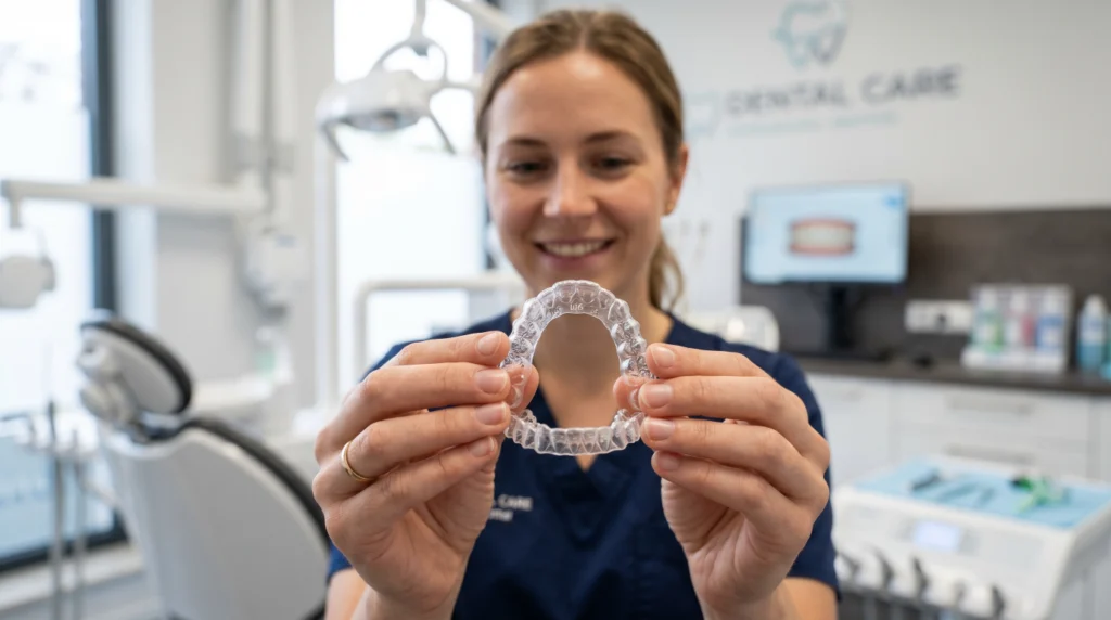 Patient holding clear Invisalign aligners in a dental clinic.