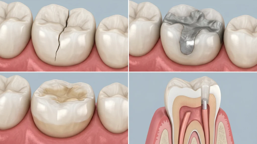 Examples of damaged teeth that may require a dental crown including cracked, broken, and heavily restored teeth.