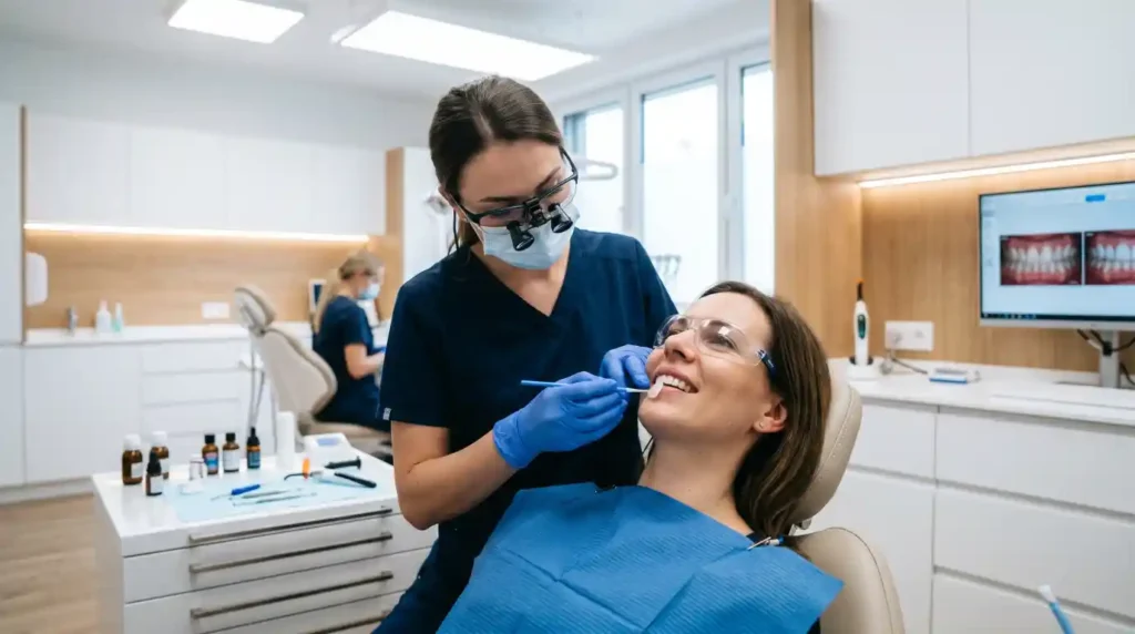 Porcelain veneers being placed for complete smile makeover in dental clinic