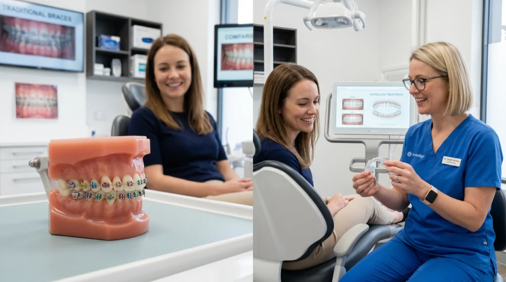Dentist explaining the difference between Invisalign clear aligners and traditional braces to a patient in a dental clinic.