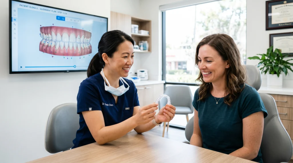 Dentist showing Invisalign aligners to a patient during consultation in a modern dental clinic.