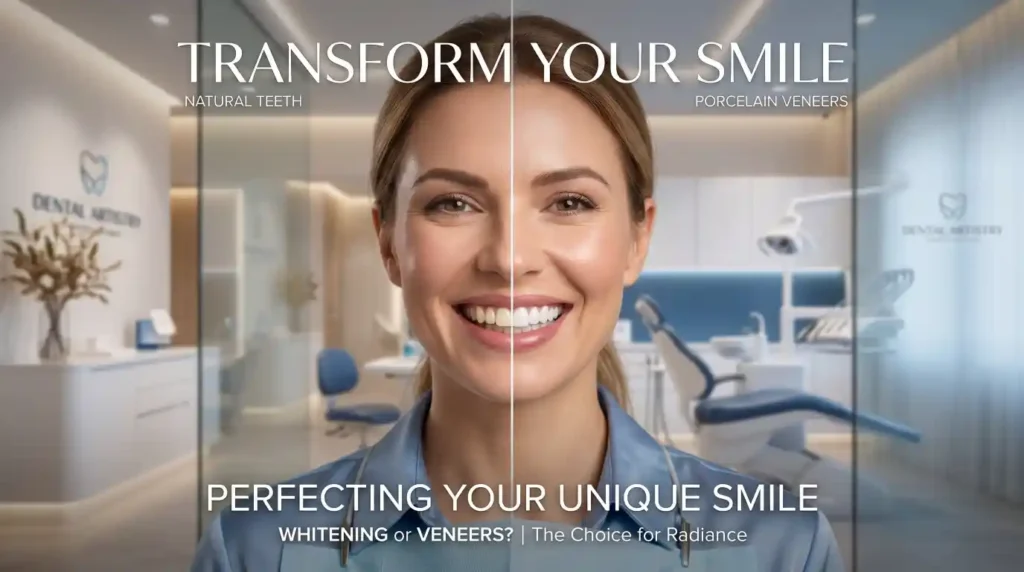 Whitening or veneers comparison showing smile transformation in cosmetic dentistry