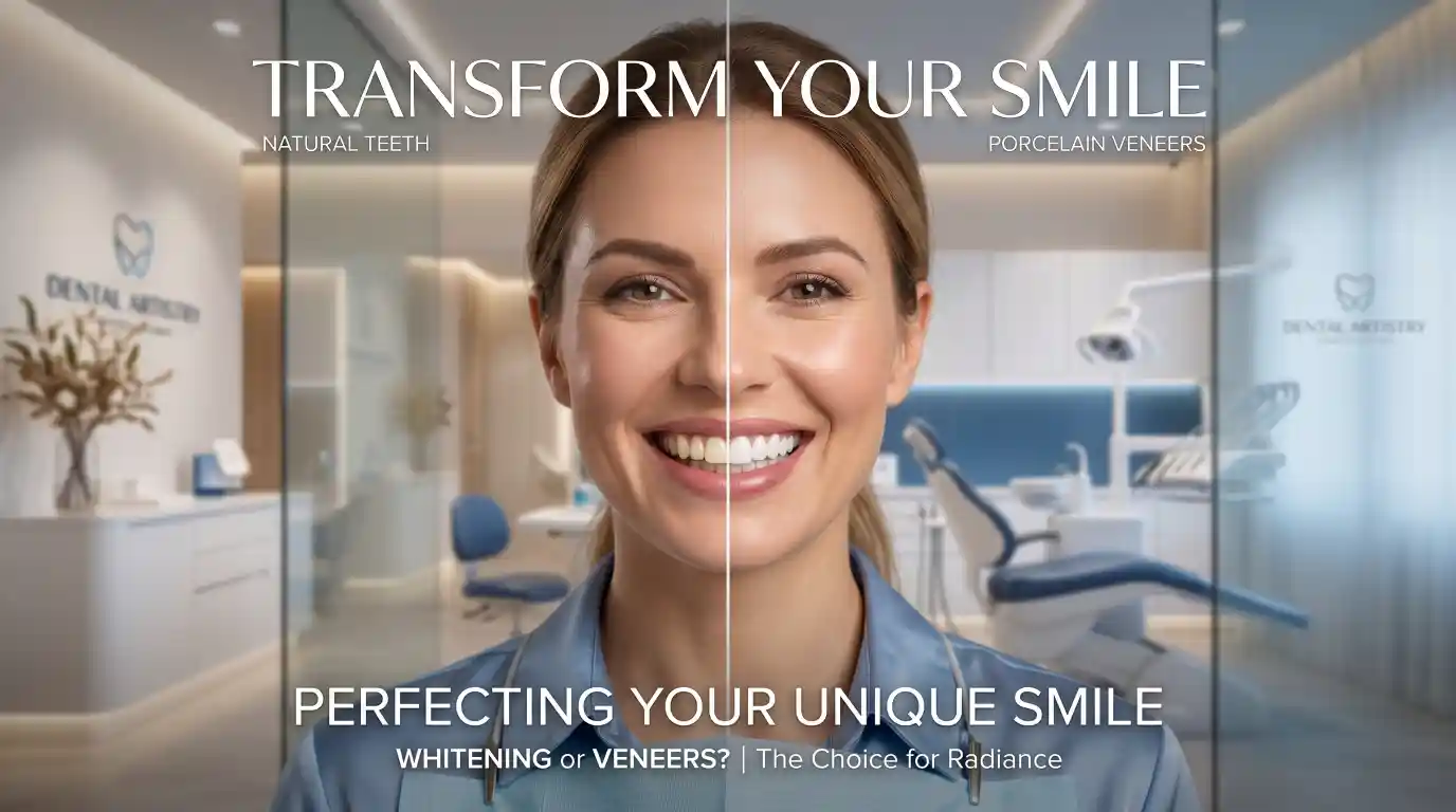 Whitening or veneers comparison showing smile transformation in cosmetic dentistry