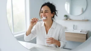 Person brushing their teeth to keep a naturally white and healthy smile.