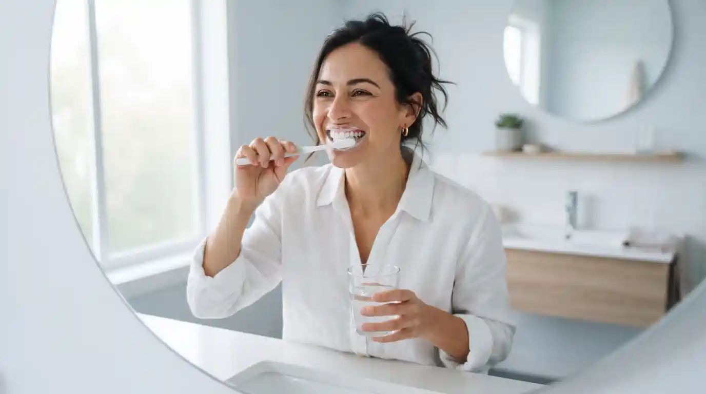 Person brushing their teeth to keep a naturally white and healthy smile.
