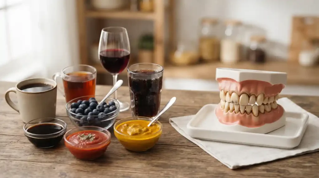 Coffee, tea, red wine, and other foods that commonly stain teeth.
