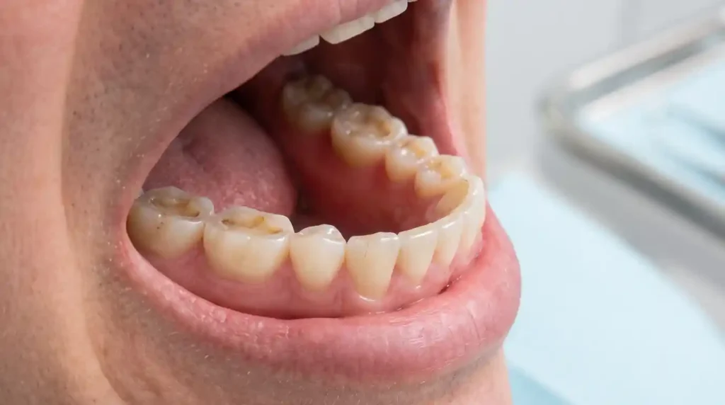 Worn teeth caused by long-term teeth grinding and bruxism